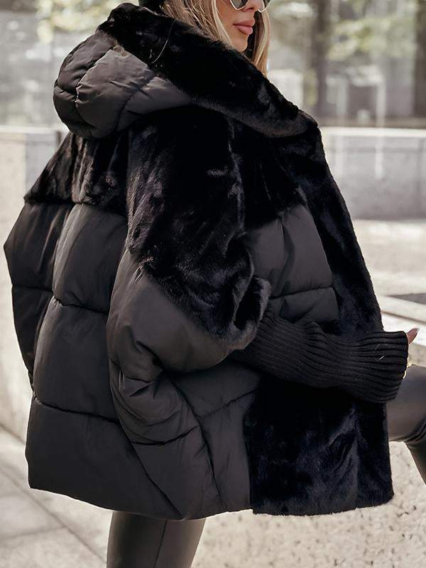 Manteau d'hiver décontracté à capuche et manches longues en patchwork de fourrure pour femmes