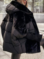 Manteau d'hiver décontracté à capuche et manches longues en patchwork de fourrure pour femmes