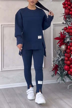 (SANS IMPRESSION AU DOS) Ensemble legging et sweat-shirt décontracté pour femme, col rond, manches longues, ourlet fendu, couleur unie