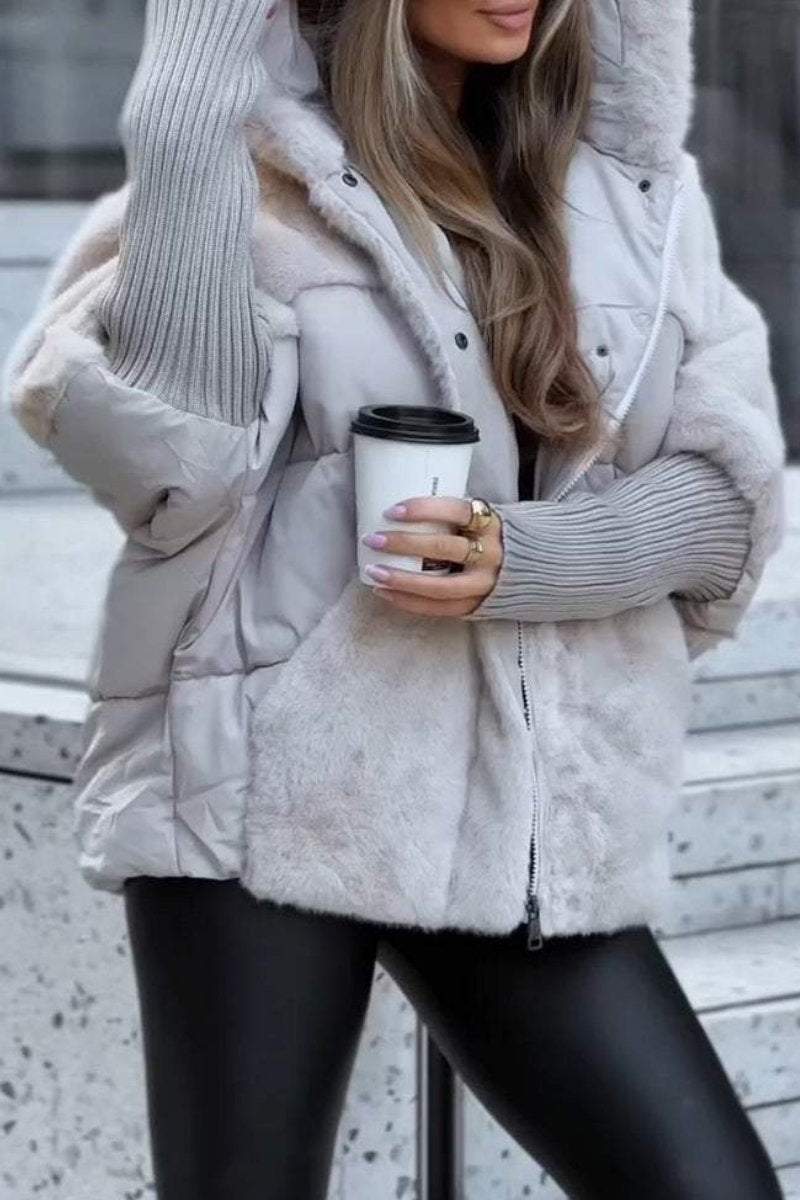Manteau d'hiver décontracté à capuche et manches longues en patchwork de fourrure pour femmes