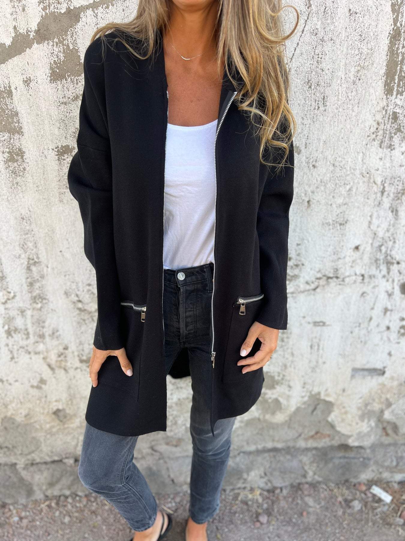 Blouson décontracté à col rond zippé et manches longues