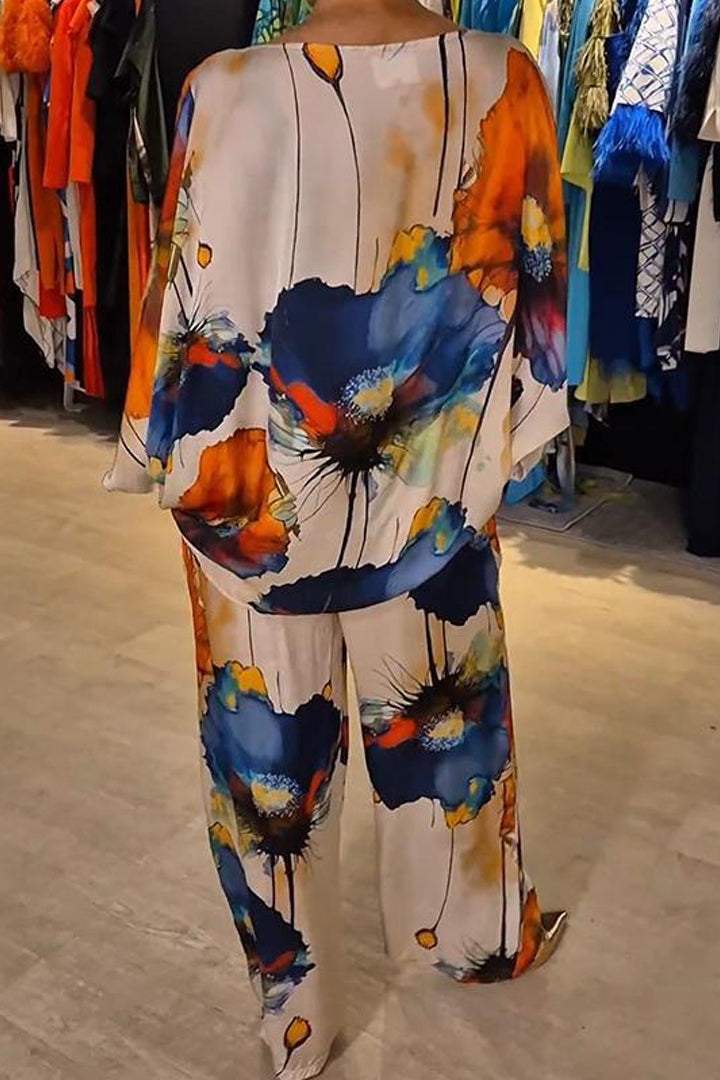 Ensemble décontracté en satin imprimé à col rond