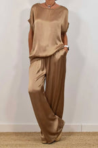 Ensemble deux pièces en satin de couleur unie décontracté printemps pour femmes