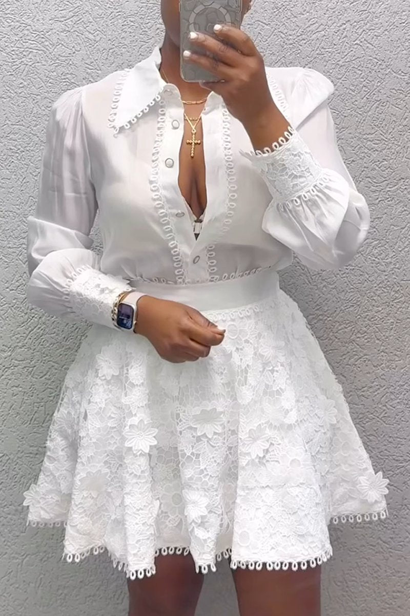 Ensemble élégant chemisier à manches longues et jupe en dentelle pour femme