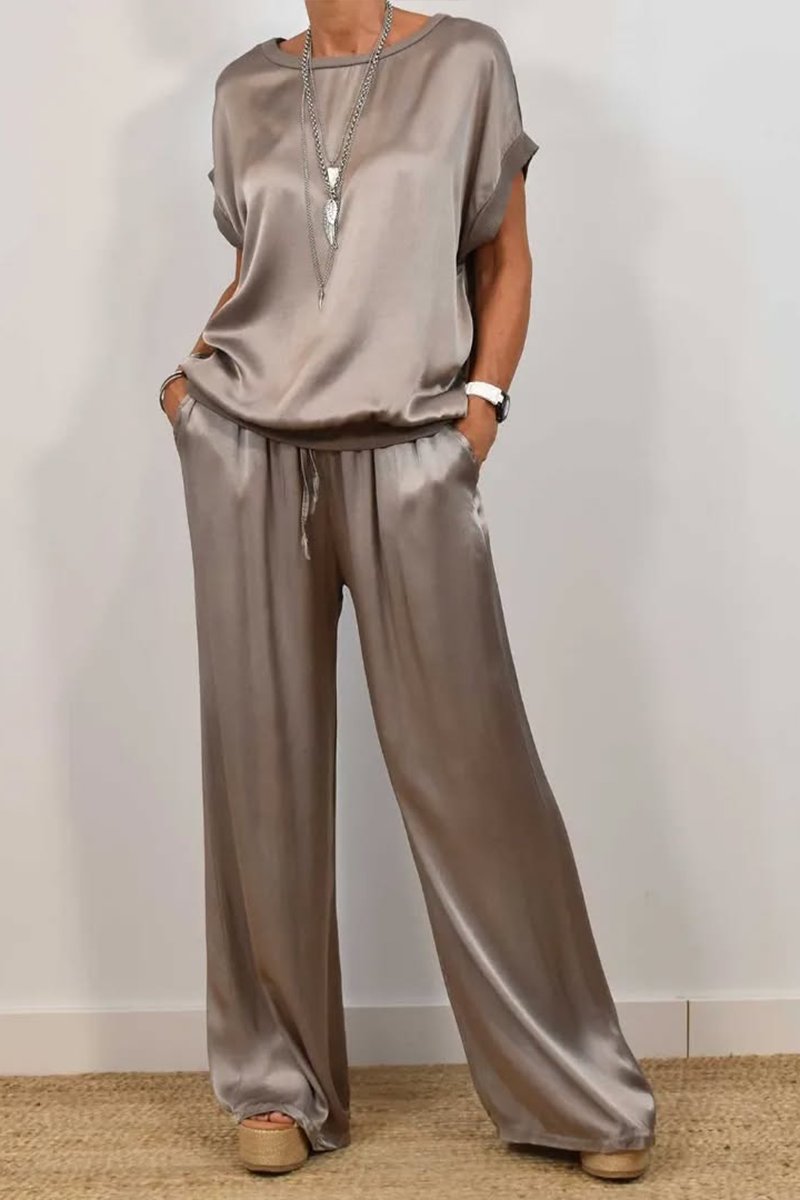 Ensemble deux pièces en satin de couleur unie décontracté printemps pour femmes